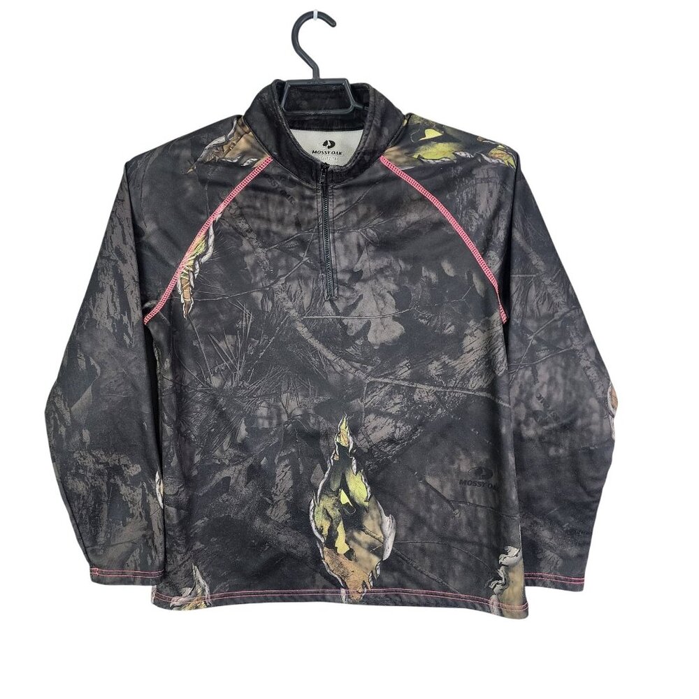 Womens Green Camo & Pink Mossy Oak Fleece Sweatshirt 1/4 Zip Long Sleeve Size L